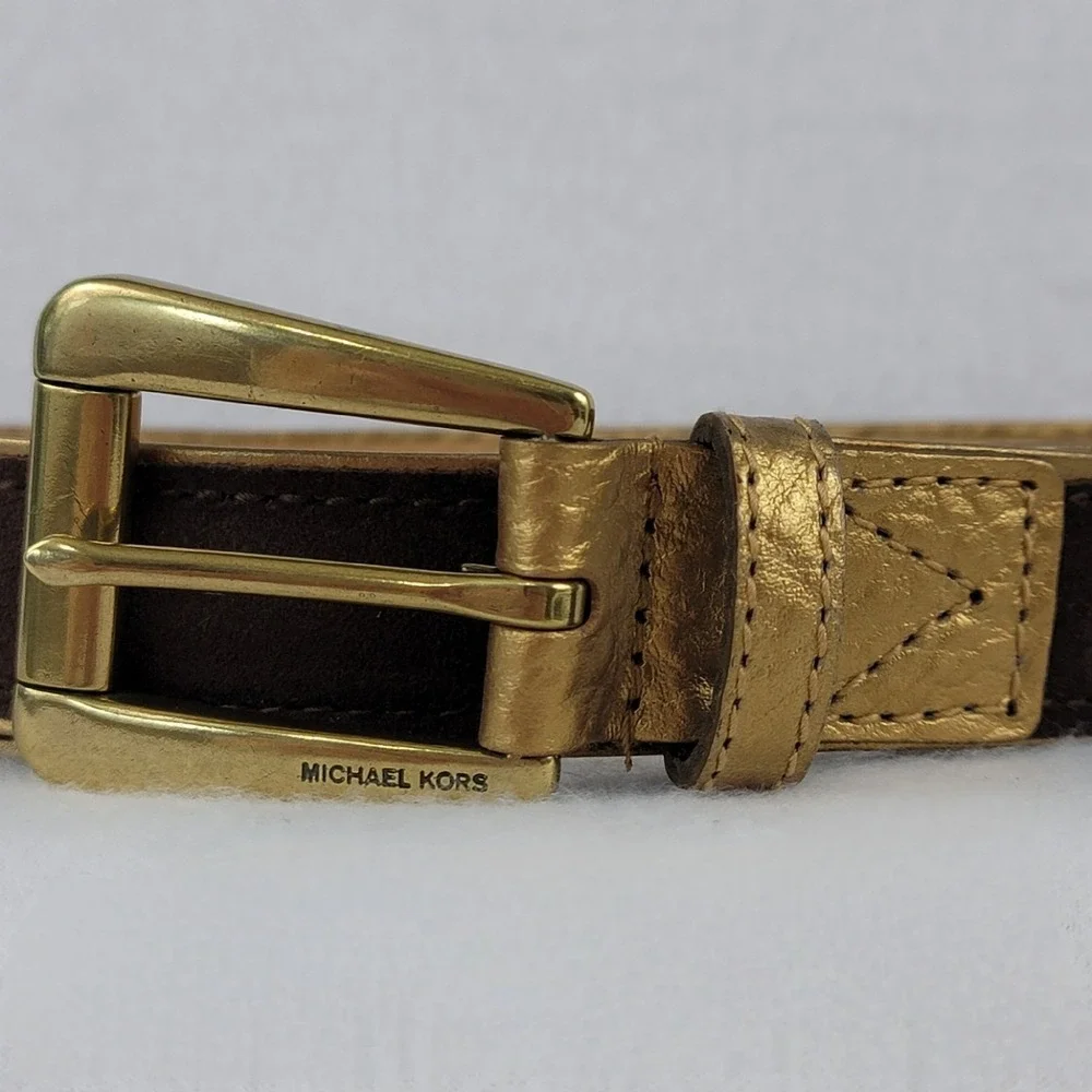 Michael Kors Womens Medium Brown Suede Gold Metallic Leather Belt Vintage 2002